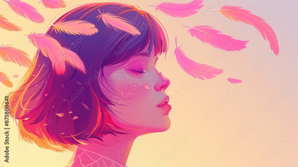 Avian female, soft and flowing feathers, intense expression, manga style, vibrant colors, simple background Avian female, soft and flowing feathers, intense expression, manga style, vibrant colors, simple background