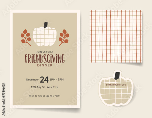 Set of Thanksgiving Day invitation card template, place card, and seamless pattern featuring hand-drawn pumpkin and leaves. Modern and minimal design.