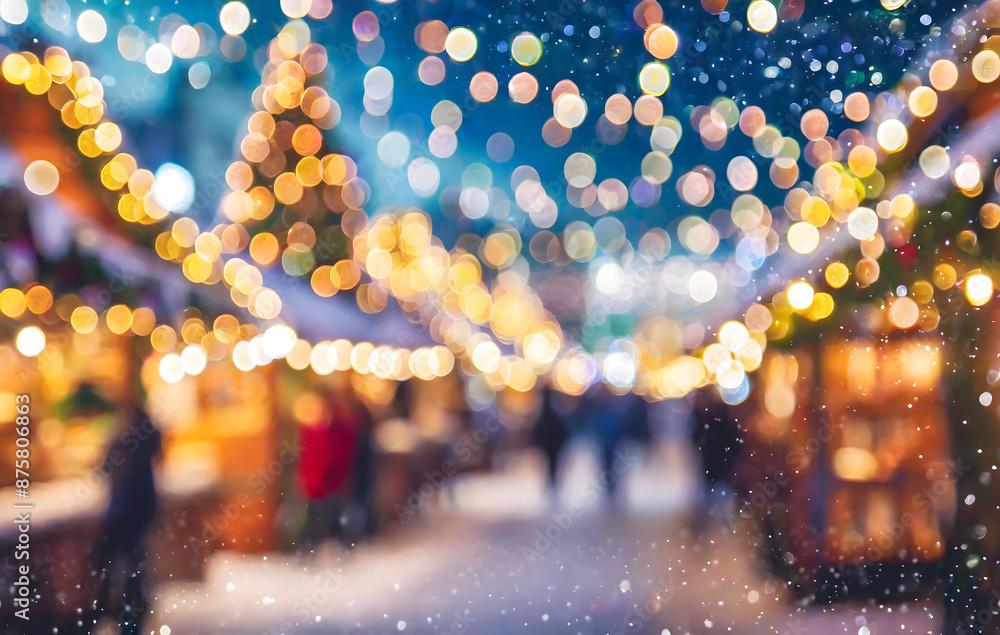 blurred christmas market with defocused lights at the evening, shiny decoration background. Generative AI. blurred christmas market with defocused lights at the evening, shiny decoration background. Generative AI.