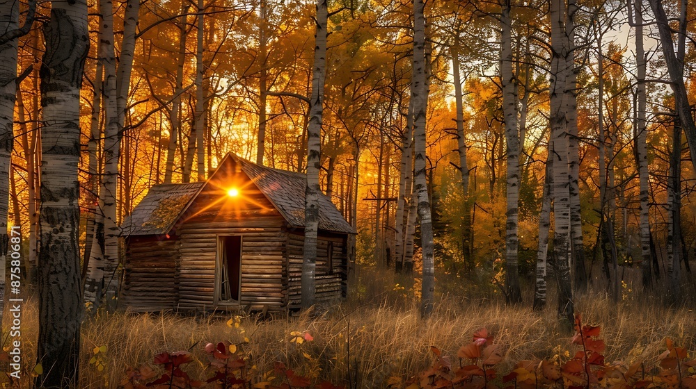 Fototapeta premium Cabin in the Woods at Sunset