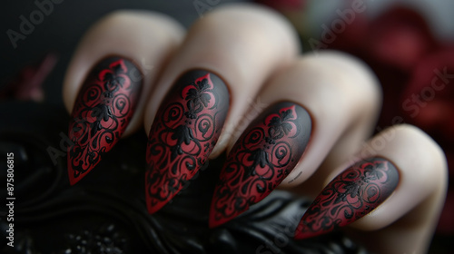 Gothic Lace: Rich burgundy nails with a matte finish, accented by black lace patterns intricately hand-drawn on each nail.