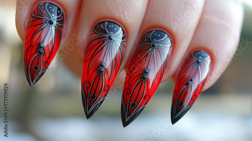 Gothic Lace: Rich burgundy nails with a matte finish, accented by black lace patterns intricately hand-drawn on each nail.