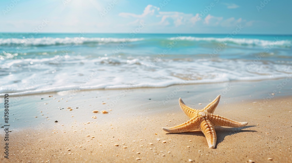 Starfish on Sandy Beach with Ocean Waves in the Background