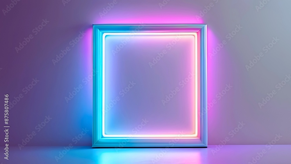 Square frame mockup with glowing blue and pink neon light on gradient gray background. 3d rendering with copy space for template, artwork, display, showcase exhibition Square frame mockup with glowing blue and pink neon light on gradient gray background. 3d rendering with copy space for template, artwork, display, showcase exhibition