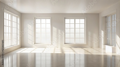 Softly diffused, creamy white background with blurred natural light filtering through minimalist windows, casting subtle shadows on textured walls.