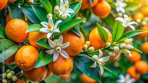 Vibrant orange tree adorned with fragrant neroli blossoms, citrus fruits, and delicate white flowers, surrounded by lush green foliage. photo