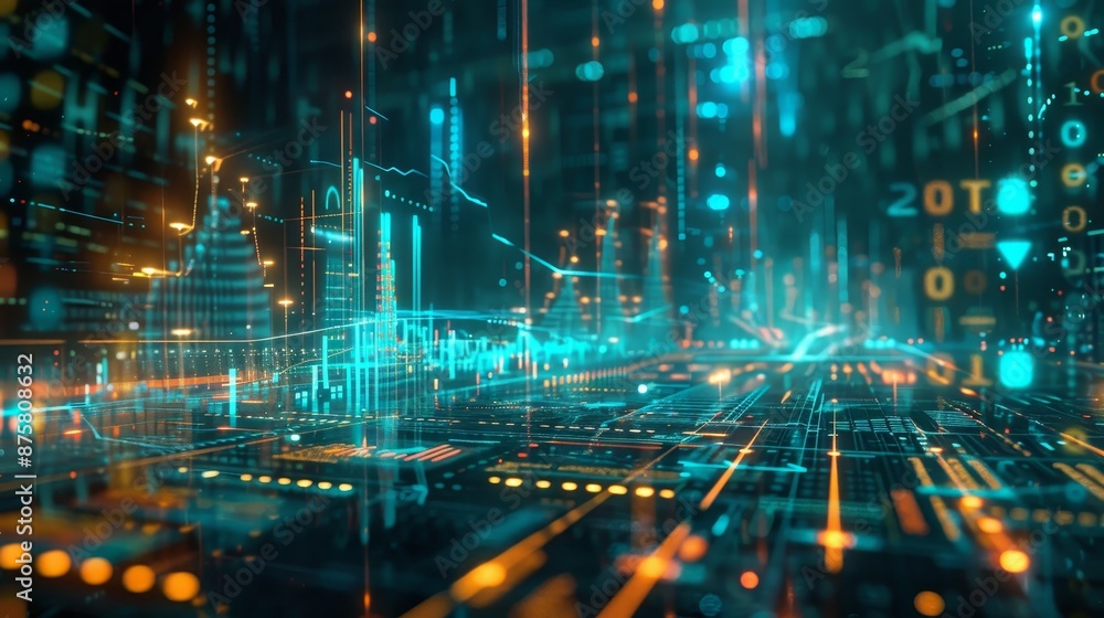 Fototapeta premium Futuristic Digital Cityscape with Orange and Cyan Lights