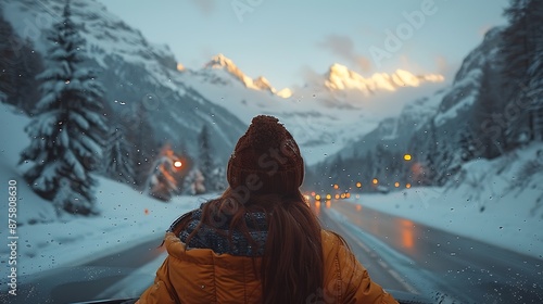 A family enjoying a road trip in an electric car, with kids napping in the backseat and parents enjoying the serene drive, traveling through a scenic mountain pass with snow-capped peaks. photo