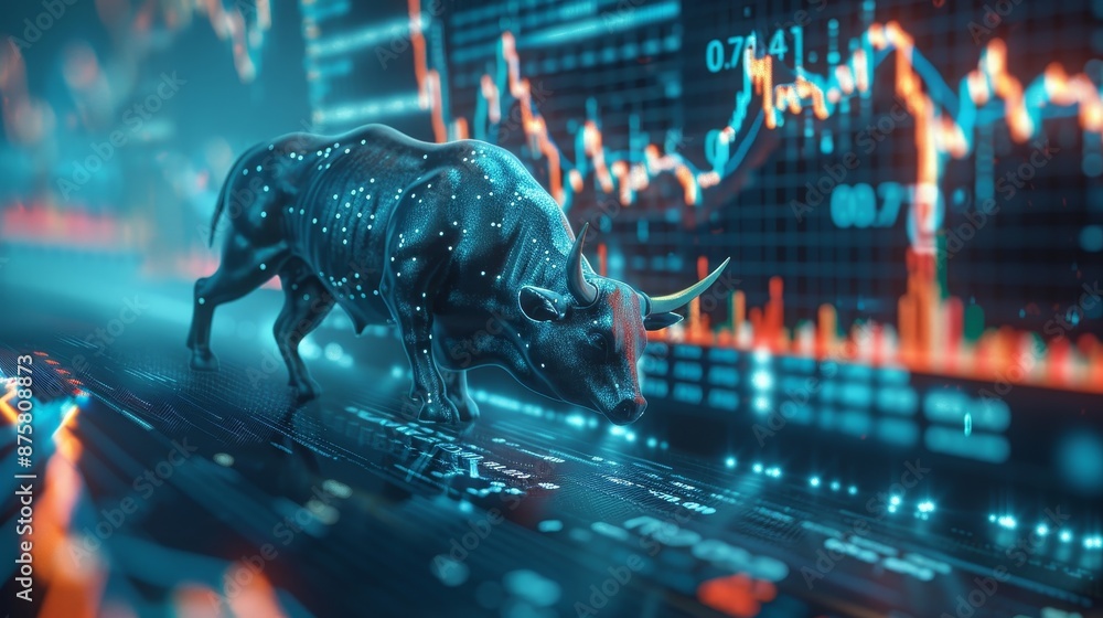 Obraz premium Digital Bull Market - 3D Render of a Bull on a Digital Stock Chart