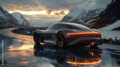 A futuristic electric car driving on a scenic highway, showcasing a sleek exterior, under the warm hues of a setting sun, with the highway running along a serene lakeside. Sunset lighting, hd quality, photo