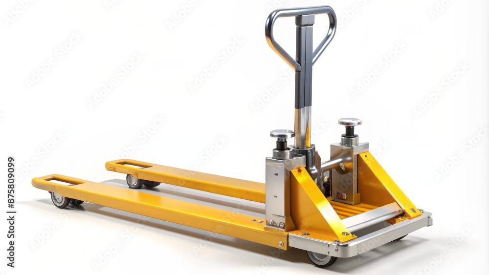 Isolated metallic lifter machine with hydraulic system and sturdy wheels on a white background in a modern industrial setting Isolated metallic lifter machine with hydraulic system and sturdy wheels on a white background in a modern industrial setting