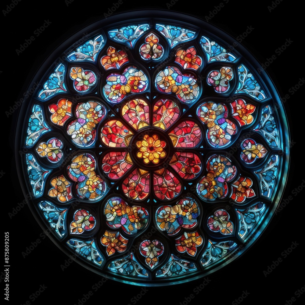 Circular stained glass window, front view, colorful rose window of cathedral, gothic style, isolated on black. Circular stained glass window, front view, colorful rose window of cathedral, gothic style, isolated on black.
