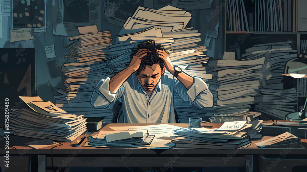 Messy office desk working man stressed frustration overwhelm burnout, paper files folders, stress work overtime busy businessman, finance business worker headache mental health balance high pressure Messy office desk working man stressed frustration overwhelm burnout, paper files folders, stress work overtime busy businessman, finance business worker headache mental health balance high pressure