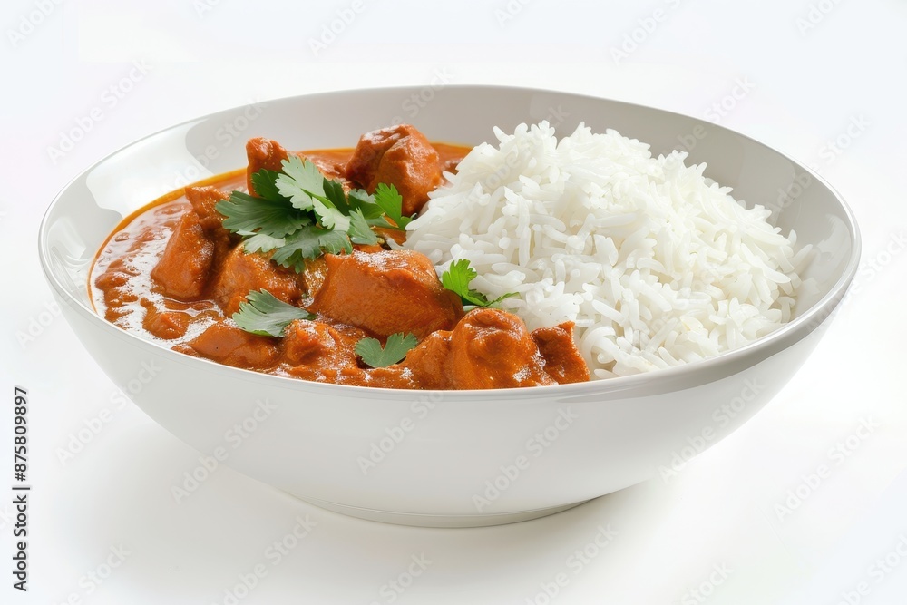 Savory Chicken Tikka Masala Delight in a Bowl on White Background with Soft Lighting Savory Chicken Tikka Masala Delight in a Bowl on White Background with Soft Lighting