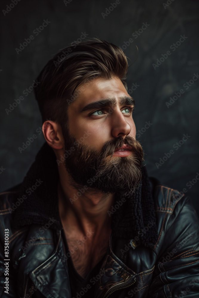 Man with a beard and intense expression, wearing a leather jacket, looking thoughtful and serious, dark and moody portrait, stylish and edgy Man with a beard and intense expression, wearing a leather jacket, looking thoughtful and serious, dark and moody portrait, stylish and edgy
