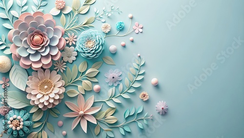 Delicate paper cut flowers in soft pink and white hues arranged artfully on a calming pastel blue background with ample space.