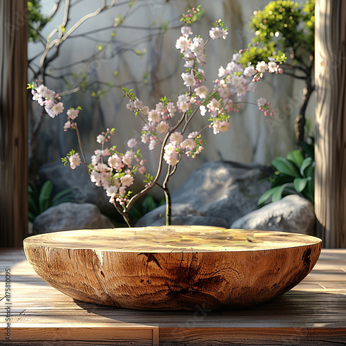 3D Podium mockup flowers and  forest background for product presentation