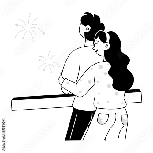 Doodle mini illustration of couple watching fireworks 

