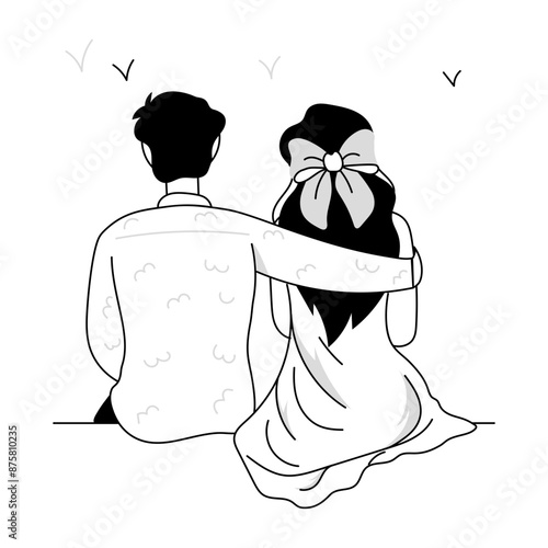 Romantic couple enjoy scenery, doodle mini illustration 

