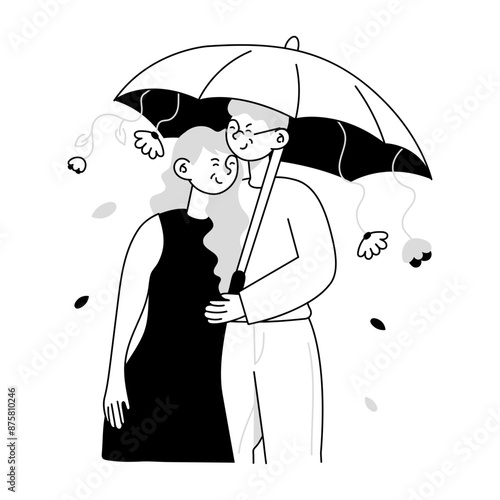 Doodle mini illustration of old couple umbrella romance 

