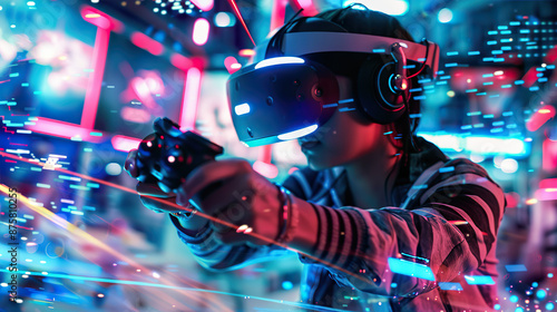 Immersive Virtual Reality Gaming: Futuristic High-Tech Experience with VR Headset and Controllers.