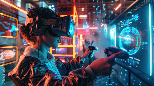 Immersive Virtual Reality Gaming: Futuristic High-Tech Experience with VR Headset and Controllers.