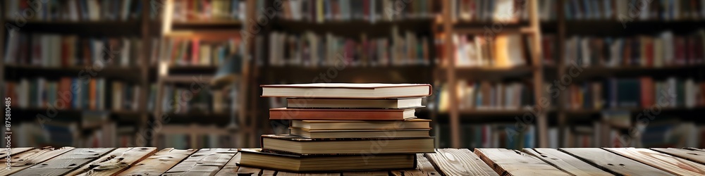 Wooden table with a stack of books, blurry bookshelves behind, perfect for learning visuals. Wooden table with a stack of books, blurry bookshelves behind, perfect for learning visuals.