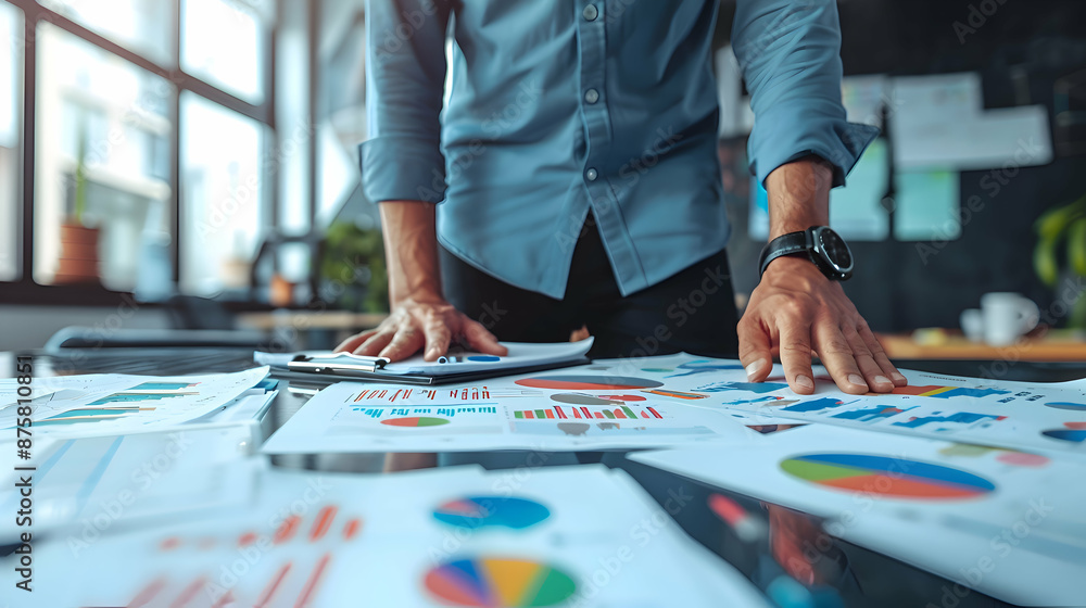 Business Planning: A business consultant in a sleek office, presenting a strategic business plan with colorful infographics Business Planning: A business consultant in a sleek office, presenting a strategic business plan with colorful infographics