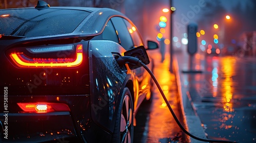 A sleek electric car charging at a modern station, with a streamlined design, under the cool tones of twilight, with city lights beginning to twinkle in the background. Twilight lighting, hd quality, photo