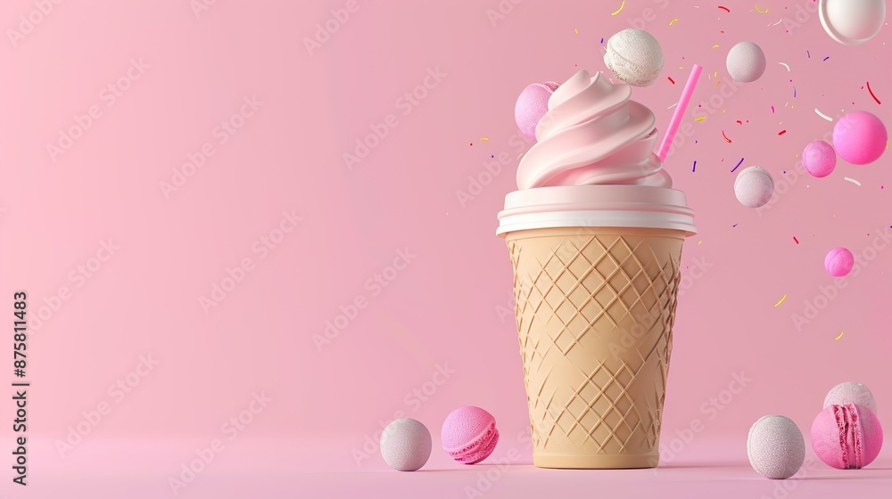 Horizontal background with ice cream and a waffle glass with dessert. Summer bright poster. Horizontal background with ice cream and a waffle glass with dessert. Summer bright poster.