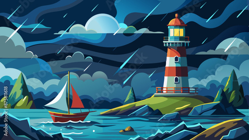 Vector illustration of a lighthouse on a stormy sea at night