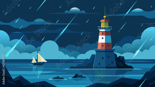 Vector illustration of a lighthouse on a stormy sea at night