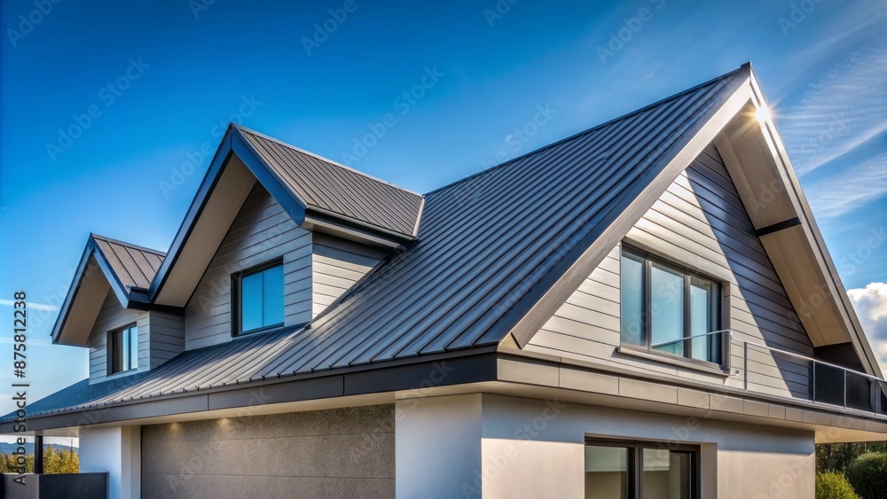 Angled view of newly constructed house's sleek modern roof with clean lines, gray tones, and subtle texture under clear blue sky. Angled view of newly constructed house's sleek modern roof with clean lines, gray tones, and subtle texture under clear blue sky.