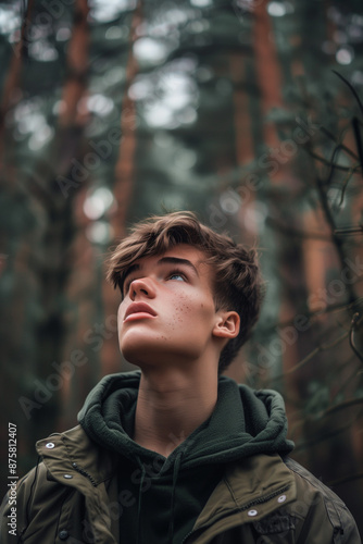 Young man in a green jacket looking up in a forest, with a contemplative expression, surrounded by tall trees, moody and serene atmosphere