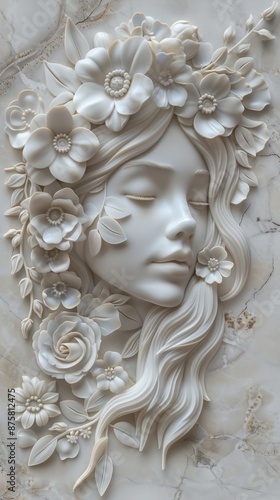 In this picture, the girl partially floats out of it, there is a bas-relief and flowers, it is an artistic masterpiece © DZMITRY