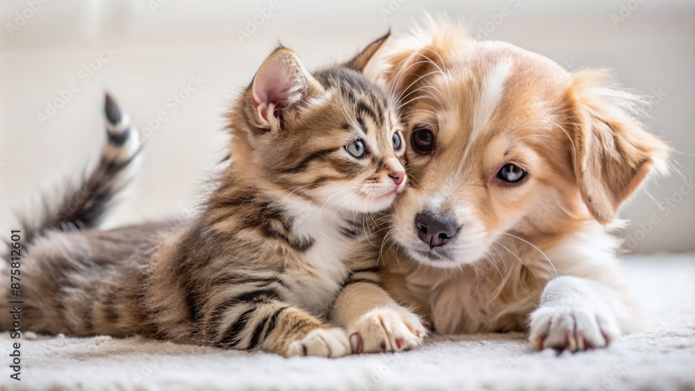 Adorable one-year-old cat and puppy duo plays together, whiskers entwined, furry balls of cute chaos on a soft white floor. Adorable one-year-old cat and puppy duo plays together, whiskers entwined, furry balls of cute chaos on a soft white floor.