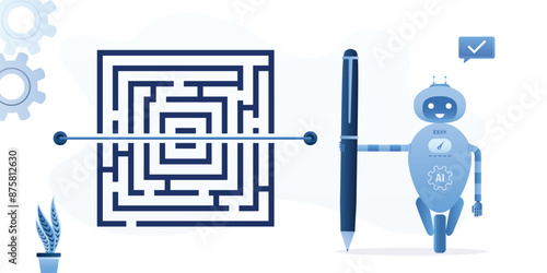Shortcut on difficult routes, overcome obstacles. AI chatbot used pen and drawing straight path on maze or labyrinth. Robot looking for easiest way to achieve goals