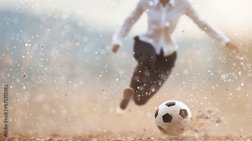 Woman in a business suit playing soccer in the rain, kicking a soccer ball with splashes of water and dirt around her.