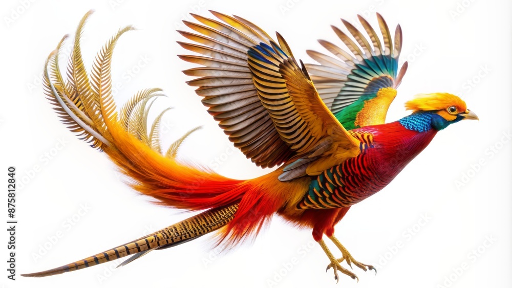 Vibrant golden pheasant spreads colorful wings, soaring upwards, set against a clean isolated transparent background, showcasing its majestic plumage details. Vibrant golden pheasant spreads colorful wings, soaring upwards, set against a clean isolated transparent background, showcasing its majestic plumage details.
