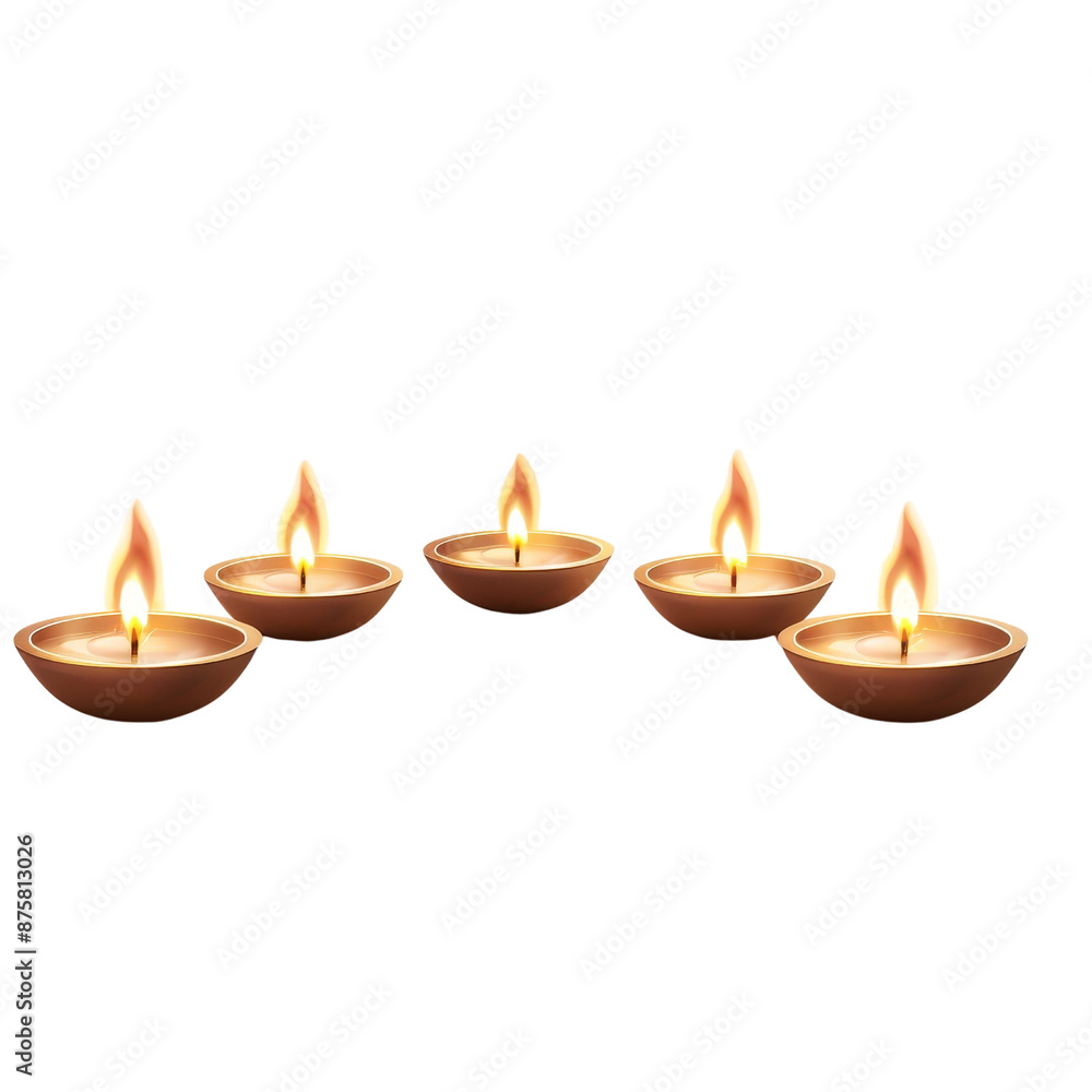 Five Diwali oil lamps with lit flames in a row arranged in a straight line transparent background clipart Five Diwali oil lamps with lit flames in a row arranged in a straight line transparent background clipart
