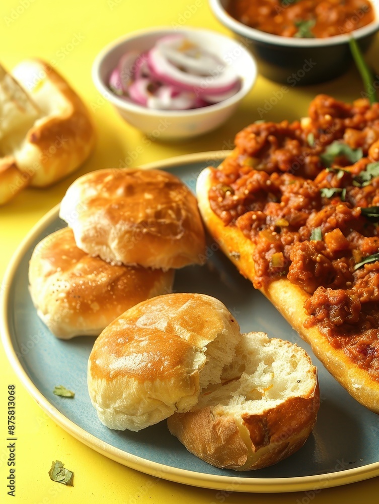 Delicious Pav Bhaji with Buttery Pav Buns on Yellow Background under Clear Light Delicious Pav Bhaji with Buttery Pav Buns on Yellow Background under Clear Light