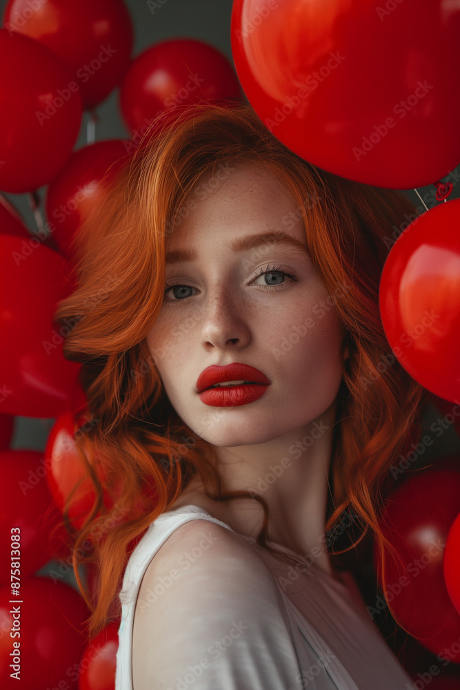 Woman with red hair and red lips, surrounded by red balloons, wearing a white shirt, with a striking and intense expression, artistic and vibrant Woman with red hair and red lips, surrounded by red balloons, wearing a white shirt, with a striking and intense expression, artistic and vibrant