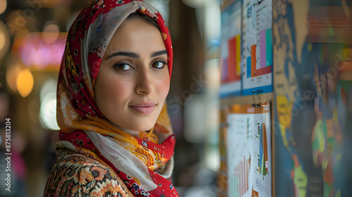 Business Presentations: An Arabic businesswoman presenting financial projections in a corporate meeting