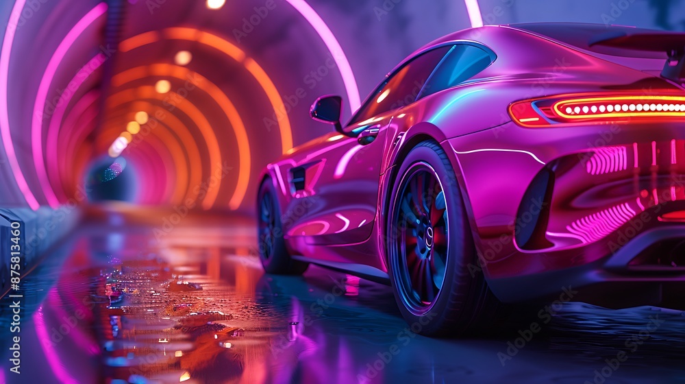 An electric car driving through a tunnel with neon lights, with purple and yellow neon accents highlighting the curves of the tunnel, the car’s windows reflecting the bright colors, An electric car driving through a tunnel with neon lights, with purple and yellow neon accents highlighting the curves of the tunnel, the car’s windows reflecting the bright colors,
