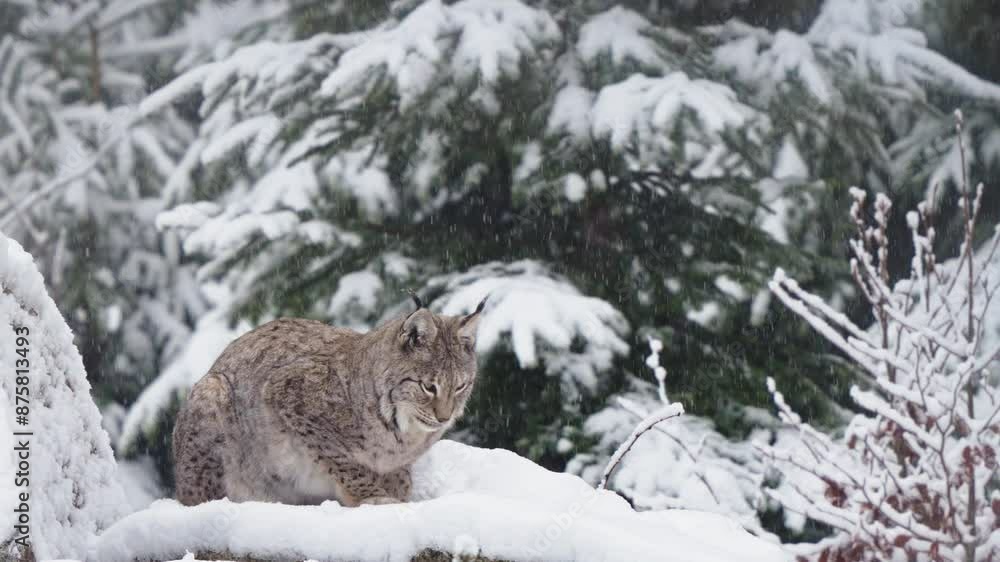 Eurasian lynx is cleaning itself in a snowy forest. Eurasian lynx is cleaning itself in a snowy forest.
