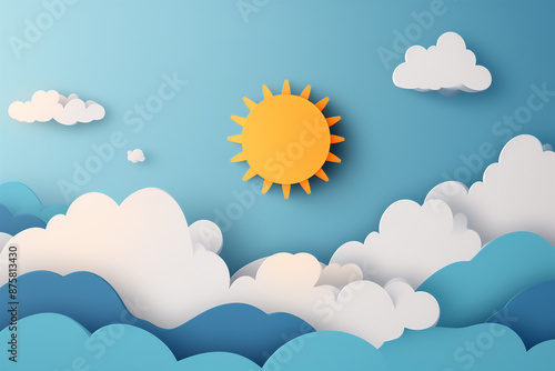 Clear Sky in Paper Cut Art Style, landscape background, Illustration background, Minimalist Flat Design, Generative AI