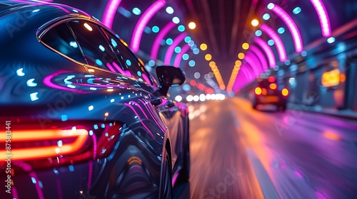 An electric car driving through a tunnel with neon lights, with purple and yellow neon accents highlighting the curves of the tunnel, the car’s windows reflecting the bright colors, photo