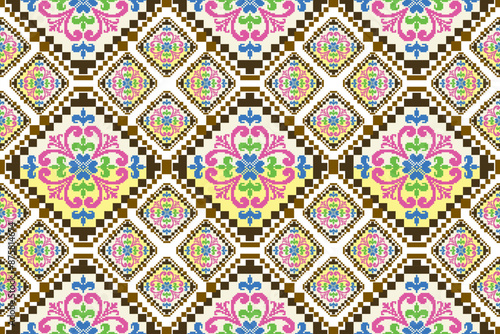 Pixel art flower on white and black background wallpaper oriental seamless pattern.ornament. Ethnic .decor style. geometric ornament. Vector seamless pattern. blanket, rug. Woven carpet fabric