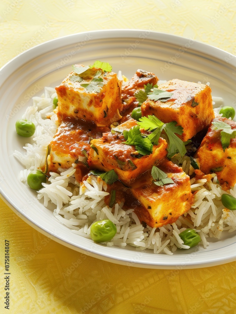 Delicious Mutter Paneer with Rice on Yellow Background in Clear Light Delicious Mutter Paneer with Rice on Yellow Background in Clear Light