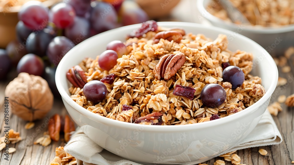 A bowl of fresh granola with pecans and grapes A bowl of fresh granola with pecans and grapes